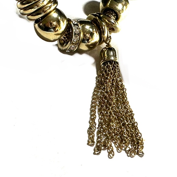 Gold Tone Mesh Stretch Bracelet Tassel & Sliding Charms Tiny Rhinestones - Picture 5 of 6